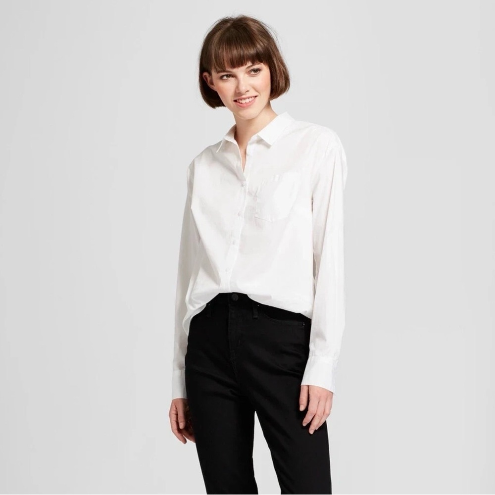 A New Day White Button Down Shirt Womens XS Classic Cotton Stretch Blouse NWT